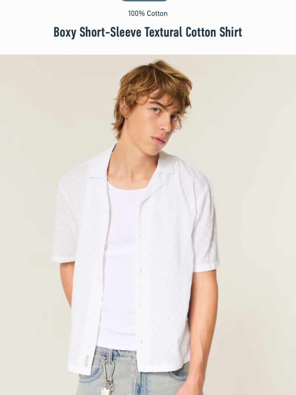Hollister Boxy White Textured Short-Sleeve Button-Down Shirt